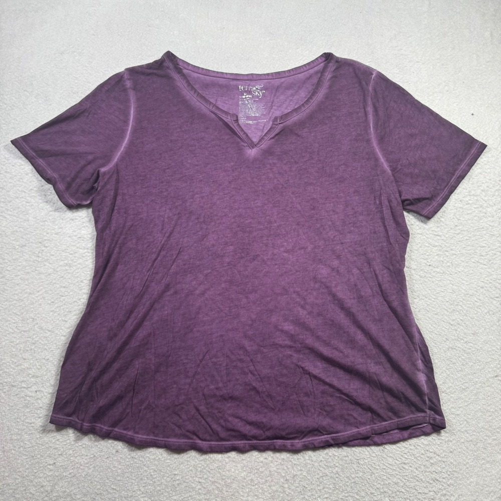 Terra & Sky T-Shirt Womens 1X Purple Excellent Mineral Wash Split V-Neck Tee